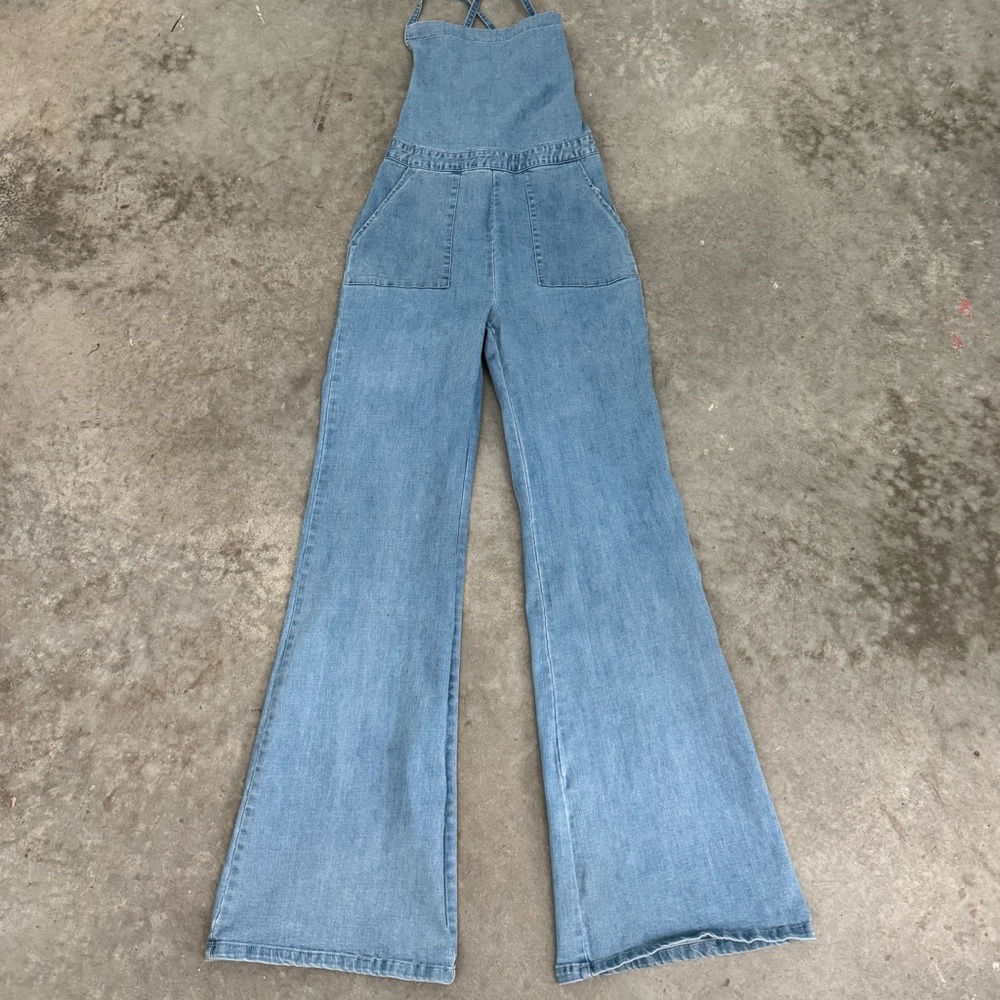 Women's Blue Blush Denim Overall Bodysuit Corset Back